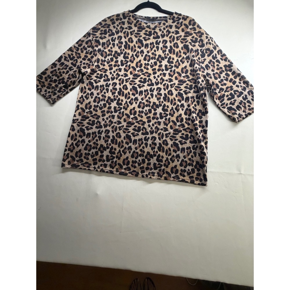 Harve Benard Leopard Print Knit Top Womens Large Brown Black Elbow Sleeve L